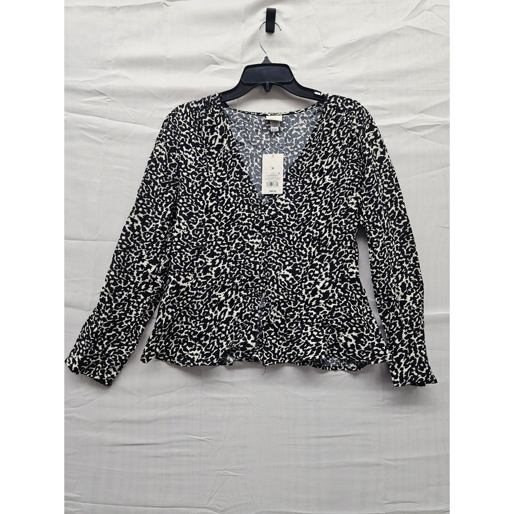 A New Day Women Black Cream Animal Print V-Neck Long Sleeve Rayon Blouse M NEW